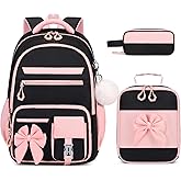 DIGOBAY Backpack for Girls, 3PCS Girls Backpack for School with Lunch Bag Pencil Case, Cute Kids Teens Bookbag for Kindergarten Elementary Preschool Middle School (Black-Pink)
