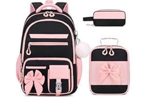 DIGOBAY Backpack for Girls, 3PCS Girls Backpack for School with Lunch Bag Pencil Case, Cute Kids Teens Bookbag for Kindergarten Elementary Preschool Middle School (Black-Pink)
