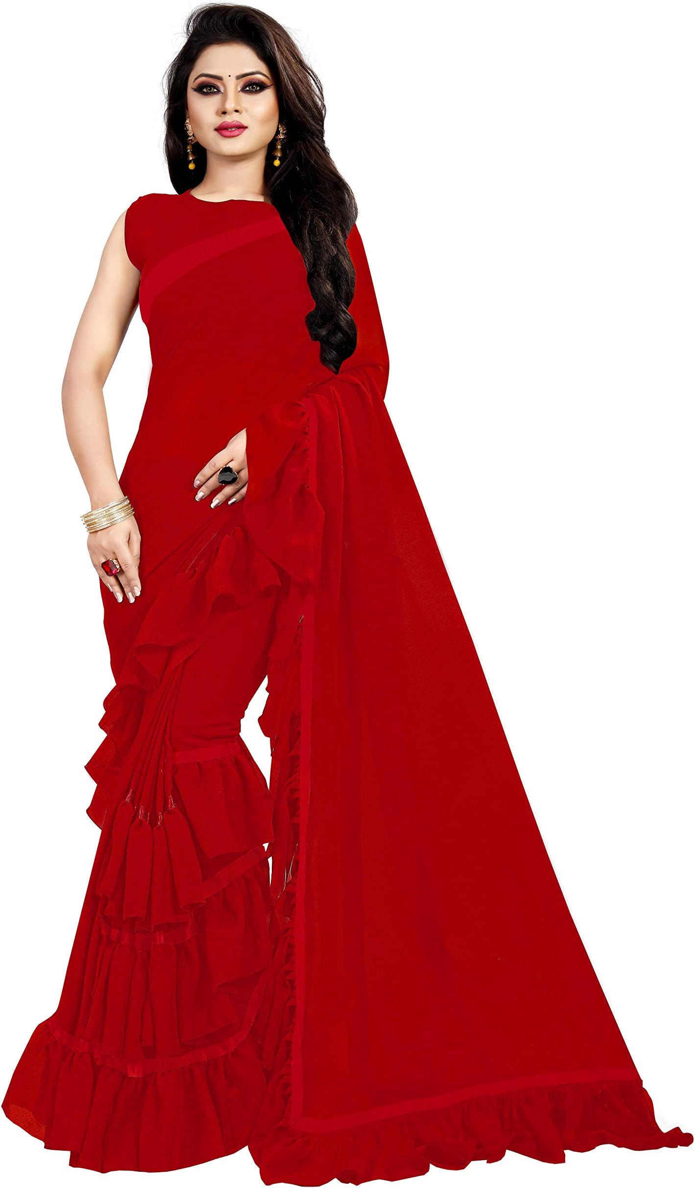 Vaishnavi Women's Frill Ruffle Georgette Plain Saree With Blouse
