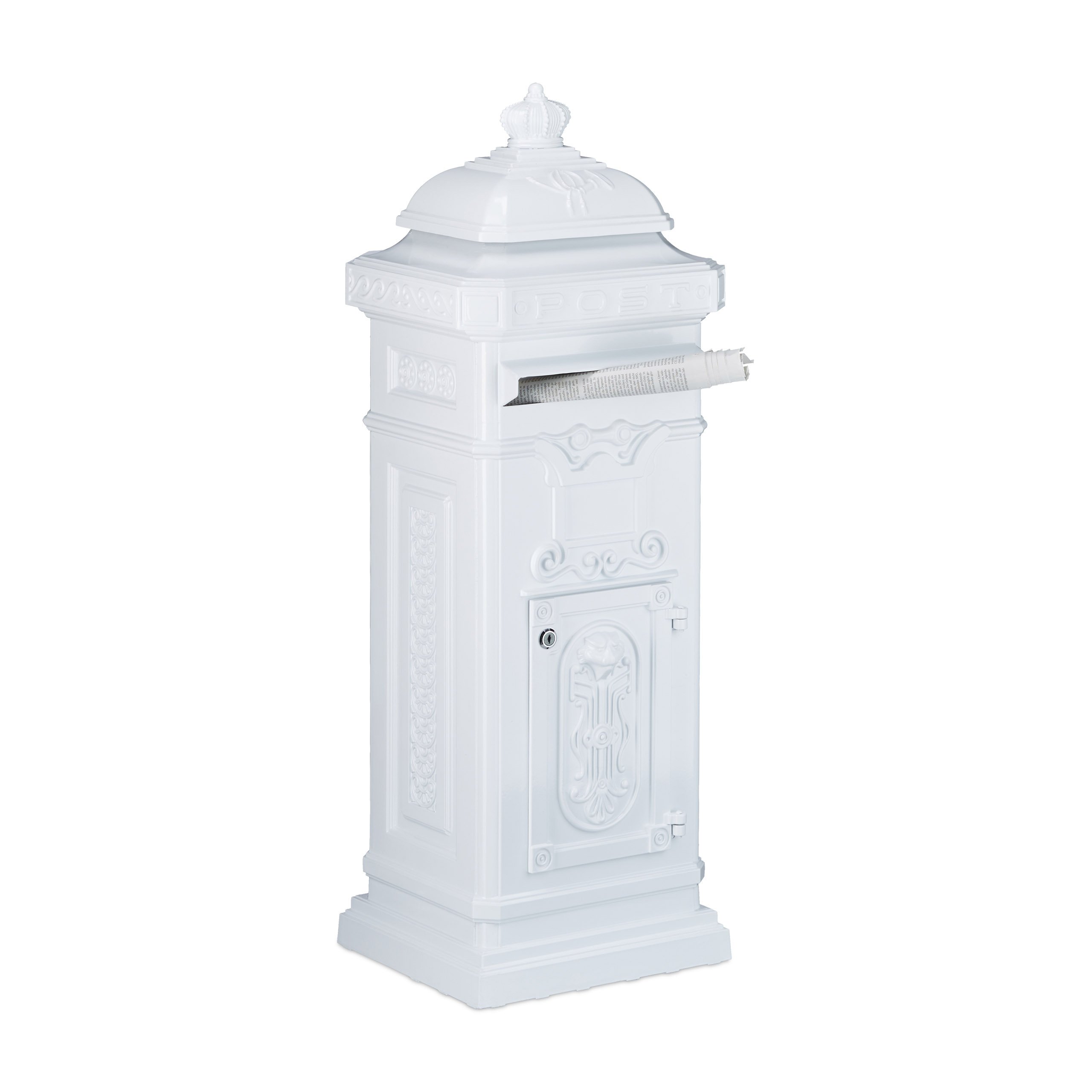Relaxdays Freestanding Antique Mailbox, 101 x 34.5 x 31 cm, Nostalgic Post Box, Aluminium, British Design, White