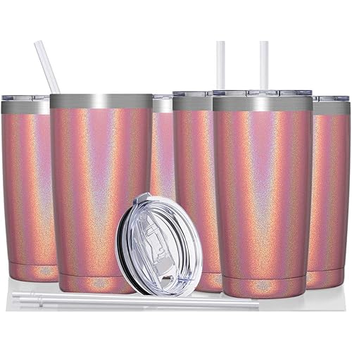 CIVAGO 20oz Insulated Stainless Steel Tumbler, Coffee Tumbler with Lid and Straw, Double Wall Vacuum Travel Coffee Mug, Powder Coated Tumbler Cup (Pink Shimmer,8)