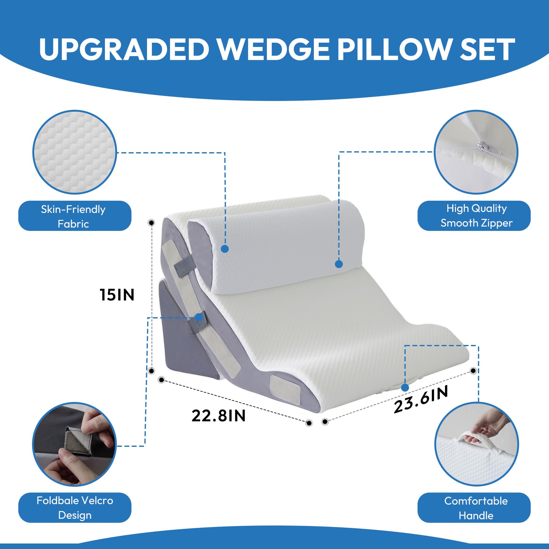 Ahpmeoa 3PCS Wedge Pillow Set for After Surgery, Back Pillow for Bed Sitting up, 6-in-1 Foam Wedge Pillow for Acid Reflux & Back Pain Relief, Post Surgery Pillow for GERD & Snoring, White