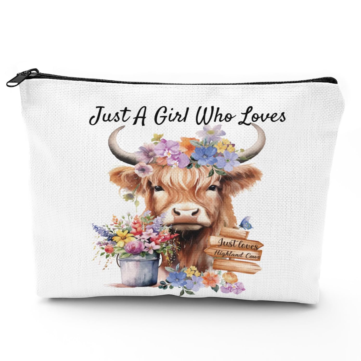 Highland Cow Gifts for Women, Highland Cow Makeup Bag, Canvas Cosmetic Bag Gifts for Highland Cow Lovers, Makeup Pouch, Scottish Gifts for Women, Just A Girl Who Loves Highland Cows