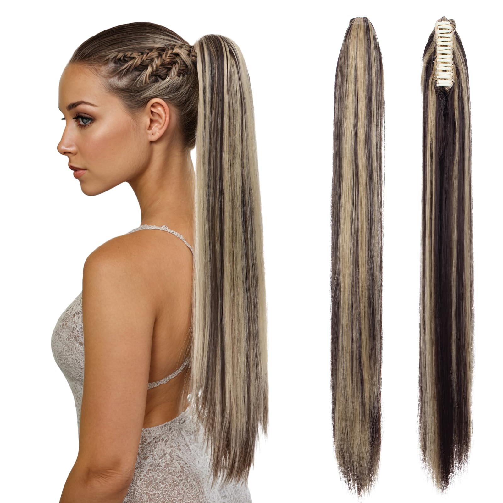 TESS Claw Clip in Ponytail Hair Extensions, 26 Inches Straight Ponytail Extension Dark Brown with Ash Blonde Highlighted Hair Extensions Clip in Balayage for Women 150g