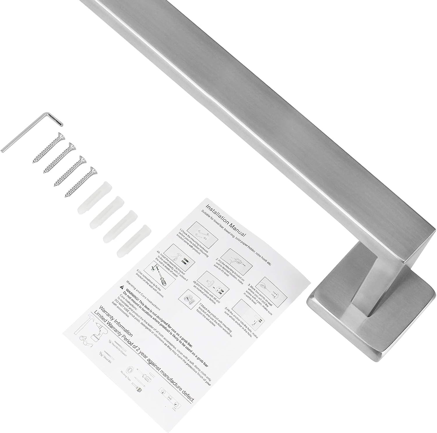 NearMoon Bathroom Towel Bar, Bath Accessories Premium Thicken Stainless Steel Square Shower Towel Rack for Bathroom, Towel Holder Wall Mounted (Brushed Nickel, 24 Inch): Kitchen & Dining