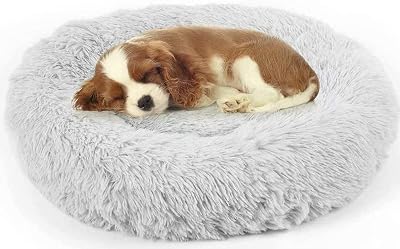 Enjamoy Plush Donut Dog Bed Grey 60cm Round Self-Warming Cozy Calming