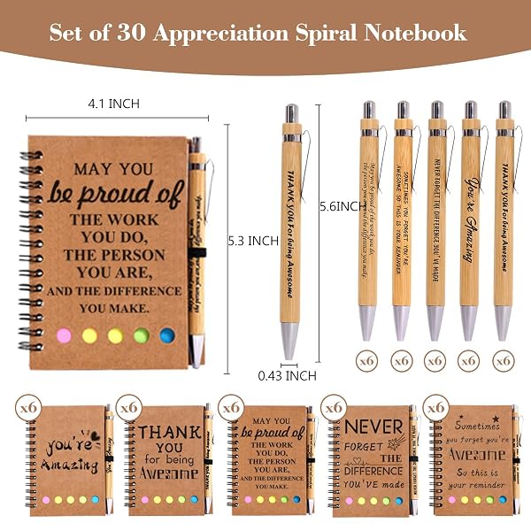 30 SETS EMPLOYEE APPRECIATION GIFTS BULK INSPIRATIONAL SPIRAL NOTEBOOK WITH STICKY NOTE AND MOTIVATIONAL BAMBOO PENS THANK YOU GIFTS FOR EMPLOYEES COWORKERS,TEACHERS,NURSE,OFFICE STAFF,TEAM,VOLUNTEER