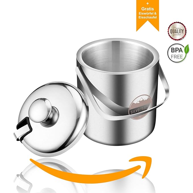 SilverRack Premium Eiswürfelbehälter Edelstahl | doppelwandiger Eiswürfelbehälter mit Deckel | Eiskühler mit Deckel und Zange