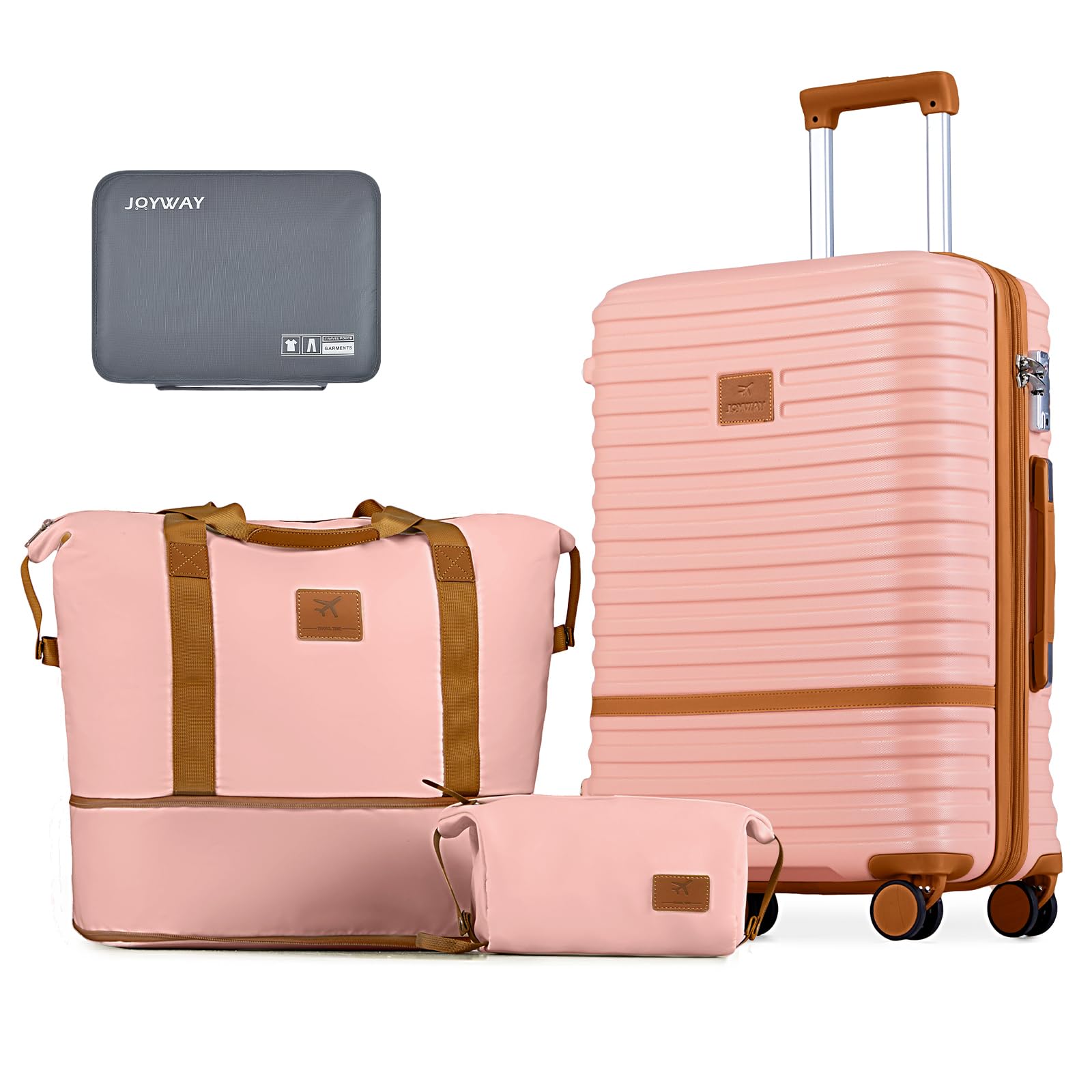 Joyway Expandable 24 Inch Luggage with Spinner Wheels, Lightweight Hard Shell Medium Checked Suitcase, 3 Piece Luggage Sets with TSA Lock, Pink Brown Image