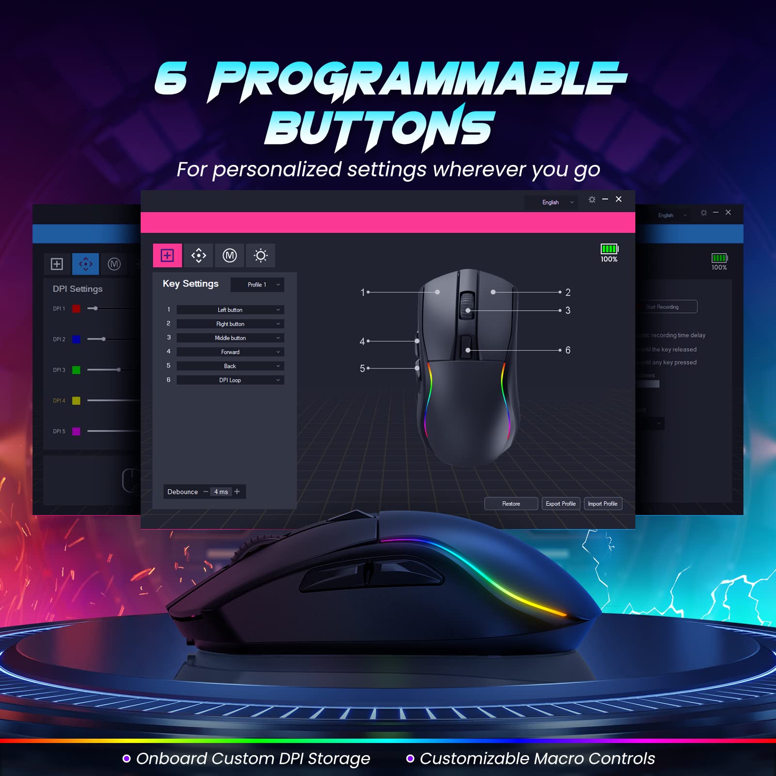 RisoPhy Lightweight Wireless Gaming Mouse, 20000 DPI Wired/Wireless Mouse with RGB Charging Dock, 6 Programmable Buttons, RGB Bluetooth Mouse for PC/Mac/Laptop Gamer-Black