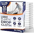 Ecotez 12 Pack 12 x 9 ft Extra Large Painter's Drop Cloth - Light & Durable Dust Cover - Clear Plastic Sheet - Paint Drop Cloth - Plastic Floor Protector