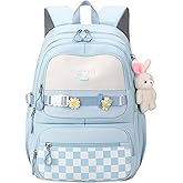 TYHOTULY Cute School Backpack for Girls Kawaii Large Bookbag Kids Teens Elementary Middle School Preppy Aesthetic Book Bag (Blue)