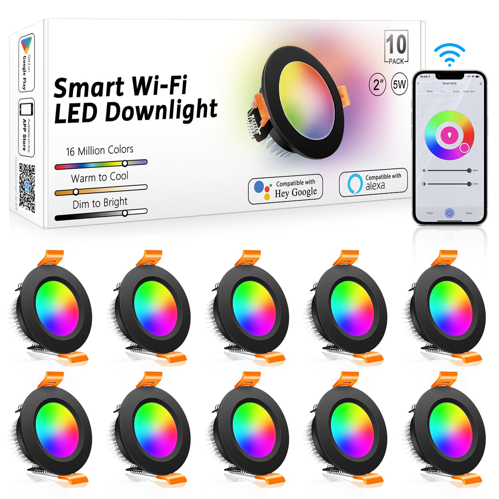 Photo 1 of inShareplus 2 Inch Smart Recessed Lighting 10 Pack, 5W WiFi RGB LED Downlight 2700-6500K Dimmable, Color Changing, Black Trim, Alexa Google Compatible, with LED Driver, 120V Ceiling Lights