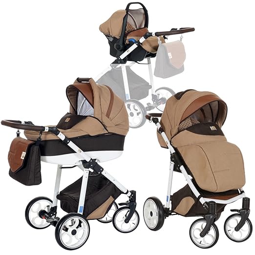 LCP Kids 3-in-1 Kombi-Kinderwagen Set ab Geburt - Leichtgängig - Reifen mit Pannenfrei Garantie Beige