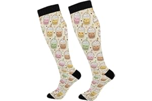 JUNZAN Bubble Milk Tea Funny Yellow Compression Socks for Women Men Circulation Long Socks for Running Cycling Athletic Nurse
