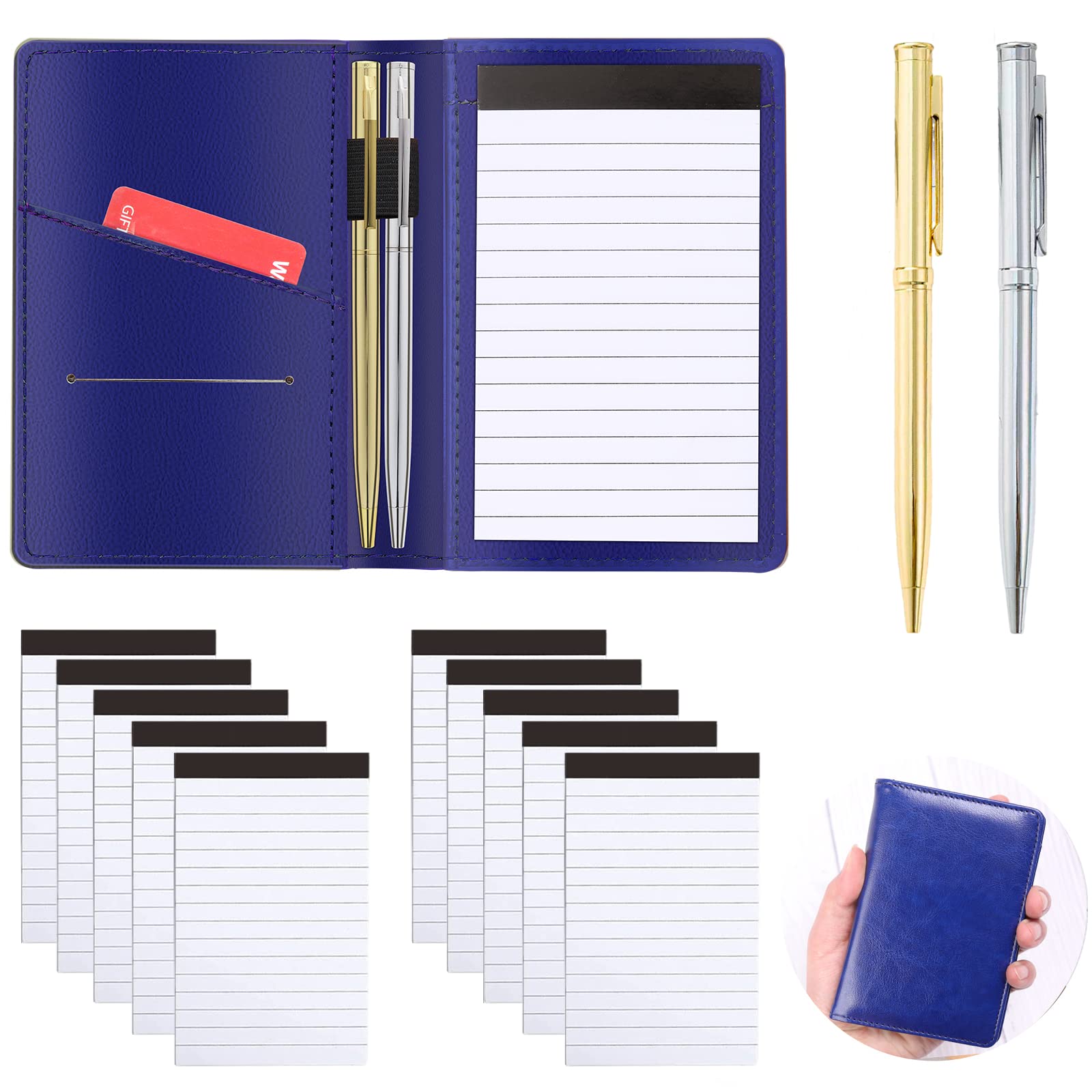 Photo 1 of 13 Pieces Mini Pocket Notepad Set,Included Leather Pocket Note pad Holder,10 Pack 3×5 Inch Small Notebook Refills,Writing Pads with 30 Lined Paper Per,2 Metal Ballpoint pens,Pocket Notebook(Navy Blue)