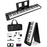 Finger Dance 61 Key Folding Piano Keyboard, Upgrand Imitation Wood Texture Keyboard Portable Piano, Bluetooth & MIDI, Foldable Keyboard Piano for Beginner - Deep Black