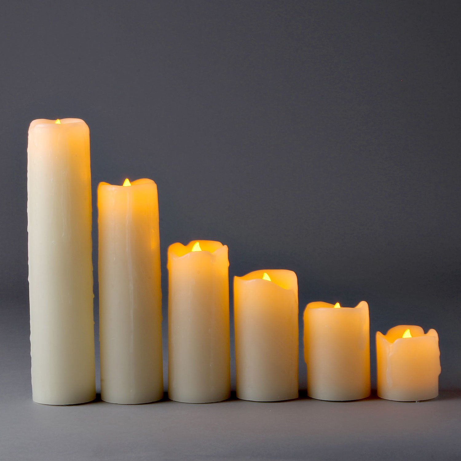 Tall Flameless LED Pillar Candles, Ivory Wax Drip Finish, Realistic