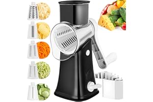 VEKAYA Rotary Cheese Grater, 5 in 1 Cheese Grater with Handle, Replaceable Stainless Blades Cheese Shredder, Cheese Slicer, Cheese Grater Hand Crank, Easy to Clean Kitchen Gadgets with Storage Box