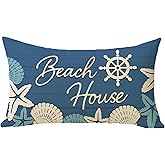Fjfz Beach House Navy Blue Lumbar Decorative Throw Pillow Cover 12 x 20, Rectangular Nautical Helm Shell Starfish Outdoor Home Decor, Coastal Farmhouse Rustic Sofa Couch Cushion Case