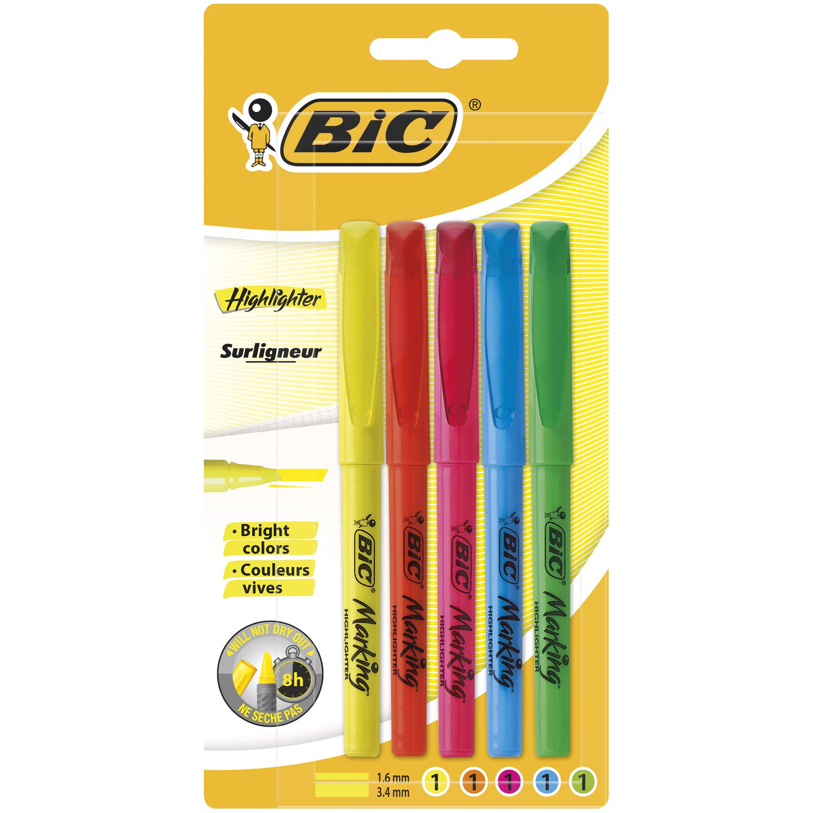 BIC Highlighter Pen, Highlighters Set Ideal for Home, Office and School, Assorted Colours, Pack of 5