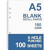 A5 Blank Paper, Refills for Filofax Planner, Organizer, Binders, 6 Hole Punched, 100 Sheets/200 Pages, 100gsm, White, 5.8 x 8.2 Inch