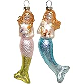 2 Count Glass Mermaid Christmas Ornament, Blown Glass Mermaid Ornaments for Christmas Tree