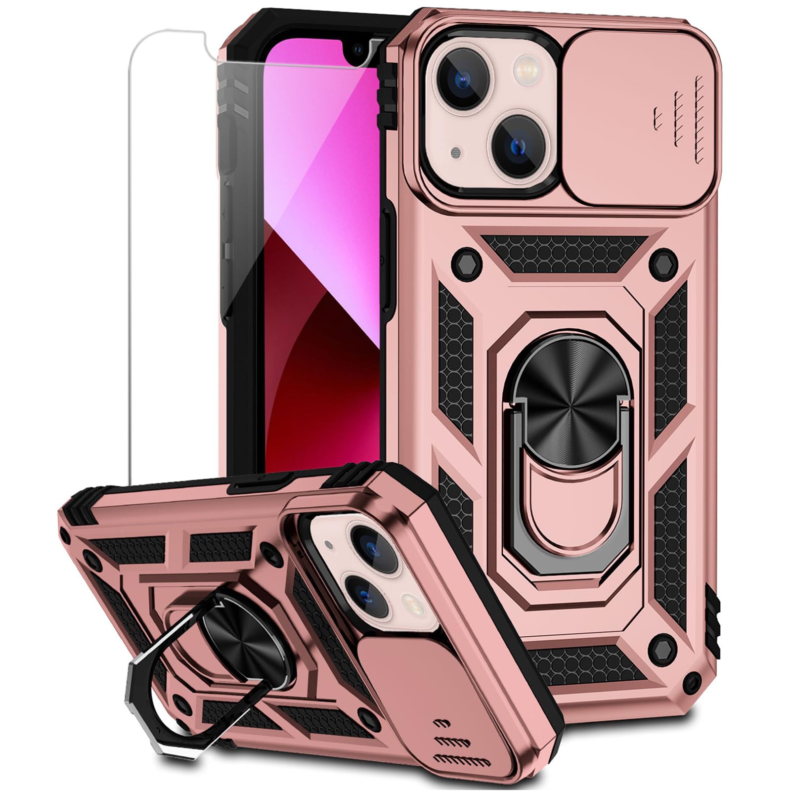 for iPhone 13 Case with Camera Lens Cover HD Screen Protector, Dual Layer [15 FT Military Grade Drop Protection] Magnetic Ring Holder Kickstand Protective Phone Case for iPhone 13 6.1 inch (Rose Gold)