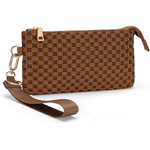 BBIQI Woven Checkered Wristlet Wallets for Women, Faux Leather Zipper Wristlet Purse with 6 Card Slot, 9.25" x 4.72"