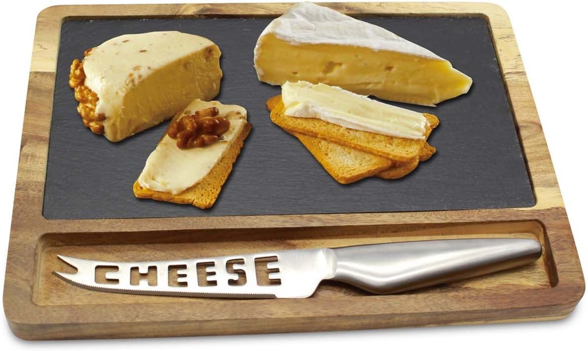 Acacia Wood & Natural Slate Cheese Board Plate With Cutting Knife,3 Piece Food Cheese Board Set Gift Idea Present