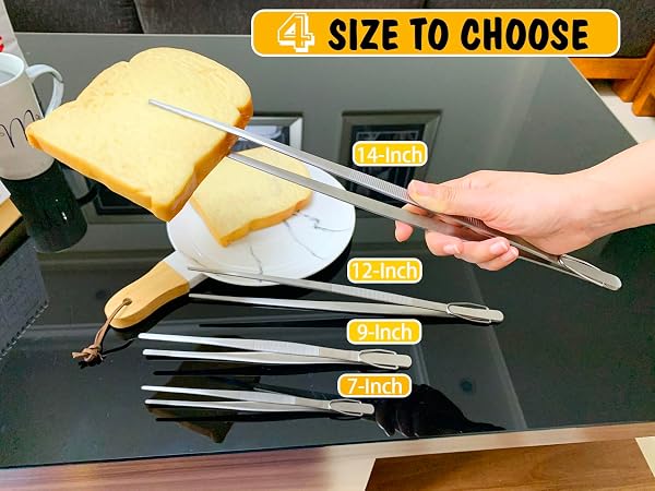 JETKONG EXTRA LONG KITCHEN TWEEZERS HEAVY DUTY STAINLESS STEEL COOKING TWEEZERS, SET OF 3 (9 12 14 INCH, BLACK)