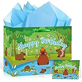 Capybara Birthday Gift Bag for Boys Girls Blue Wrapping Paper Bag with Tissue Paper Card Cute Capybara Party Favor Bag for Kids Birthday Party Decorations Spring Capy Animal-Themed Gift Wrap Supplies