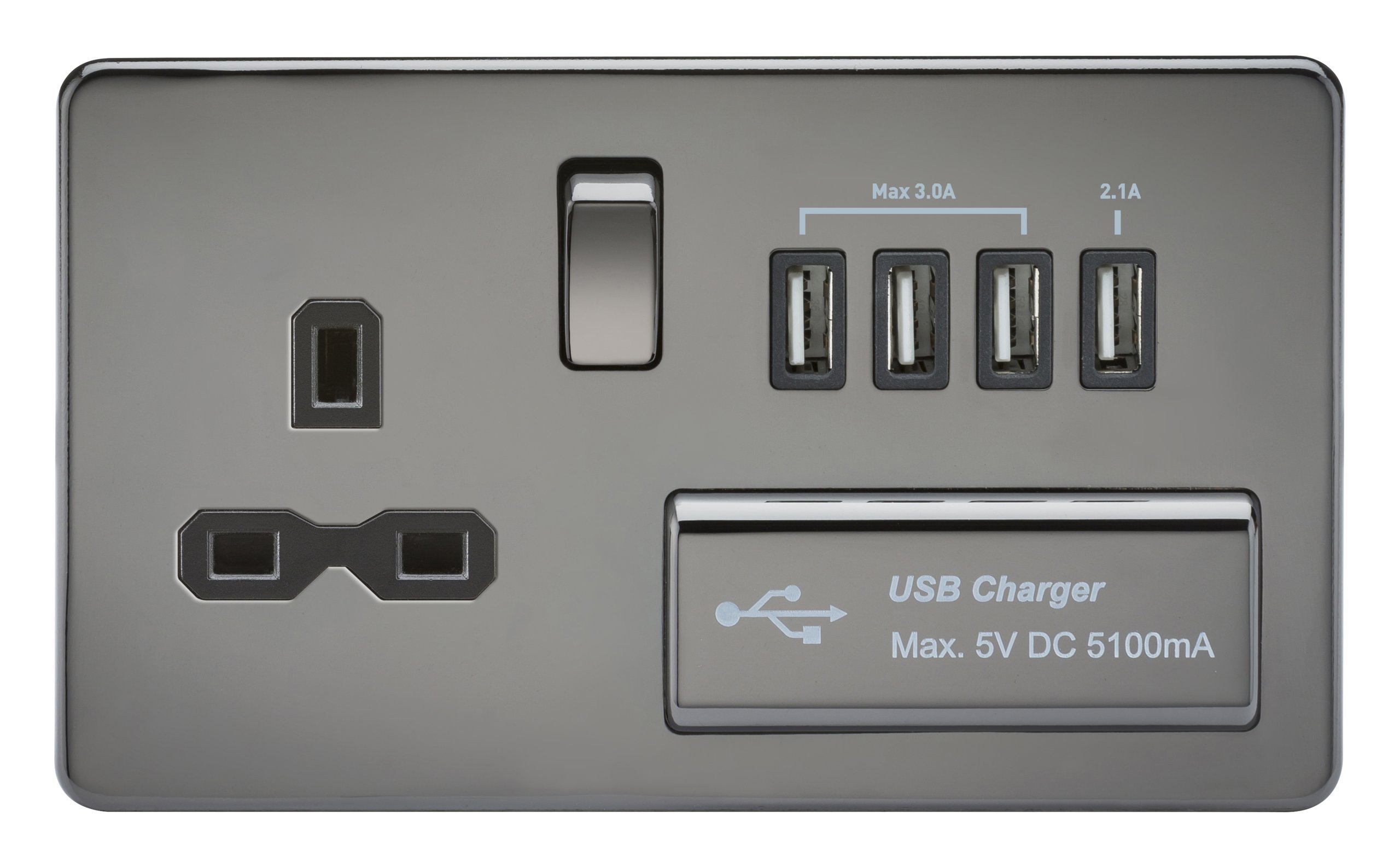 Knightsbridge SFR7USB4BN Screwless 1G 13A Switched Socket with Quad USB Charger 5V Dc 5.1A Nickel with Black Insert