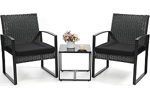 Murago 3 Piece Wicker Patio Bistro Set, Rattan Conversation Set with Coffee Table, for Balcony, Porch, Garden, Yard, Poolside, Black Frame with Black Cushion