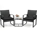 Murago 3 Piece Wicker Patio Bistro Set, Rattan Conversation Set with Coffee Table, for Balcony, Porch, Garden, Yard, Poolside, Black Frame with Black Cushion