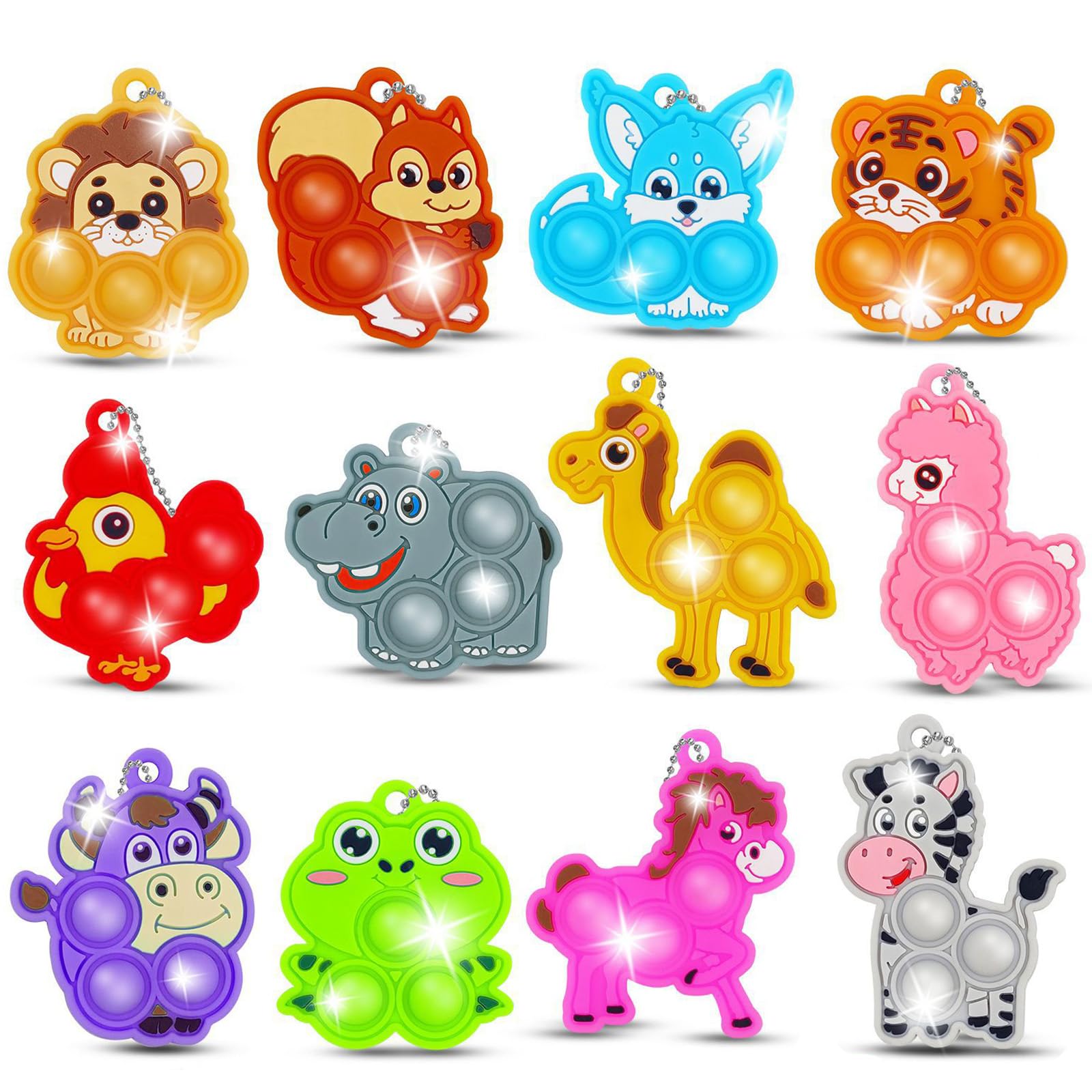 Satiskid 12 PCS Pop Fidget Toys Party Bag Fillers, Cartoon Animals Pop Poppet Keyrings for Kids Birthday Party Bag, Classroom Prizes, Student Gifts Fillers