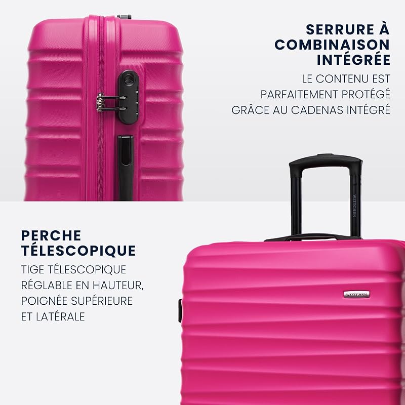 Valise Grande Taille Valise de Voyage à roulettes Coque Rigide ABS 4 roulettes Spinner Serrure à Combinaison Poignée télescopique Groove Line Taille XL Rose Air France/Easyjet/Ryanair