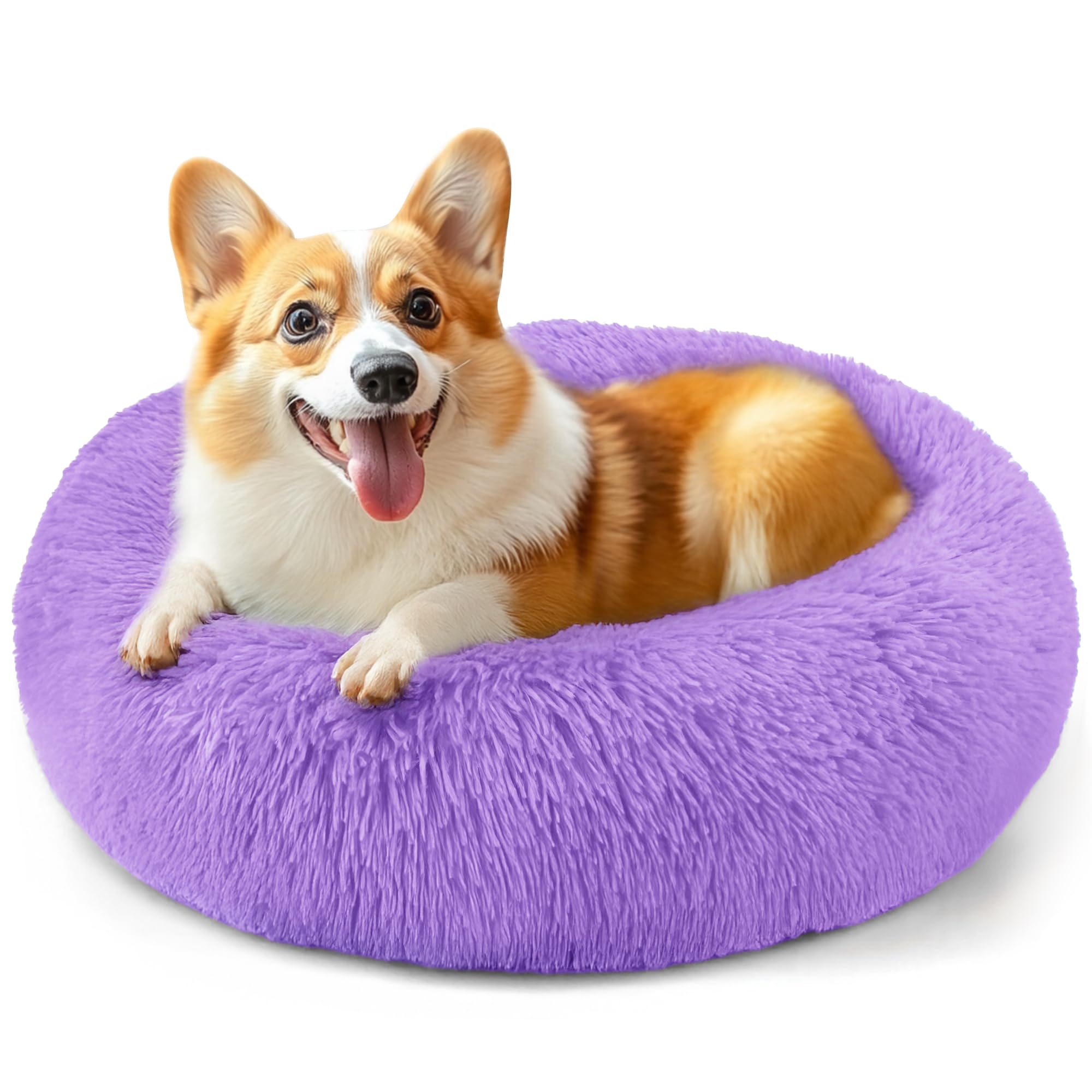 Photo 1 of 28in Large Dog Bed, Medium Size Dog and Cats, Calming Donut Bed for Puppy and Kitten, Washable Round Fluffy Pet Bed (Purple)