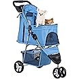 Foldable Pet Stroller for Cats and Dogs 3 Wheels Carrier Strolling Cart with Weather Cover, Storage Basket + Cup Holder (Blue)