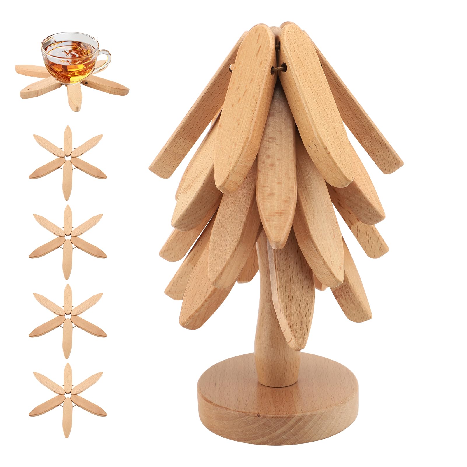 Photo 1 of MEKOTRIN Wooden Trivets for Hot Dishes, Wooden Tree Trivet, Tree Coasters Set of 4 with 1 Stand, Christmas Tree Trivet for Hot Dishes, Pot, Bowl, Coffee, Teapot(Nature Wood Color)