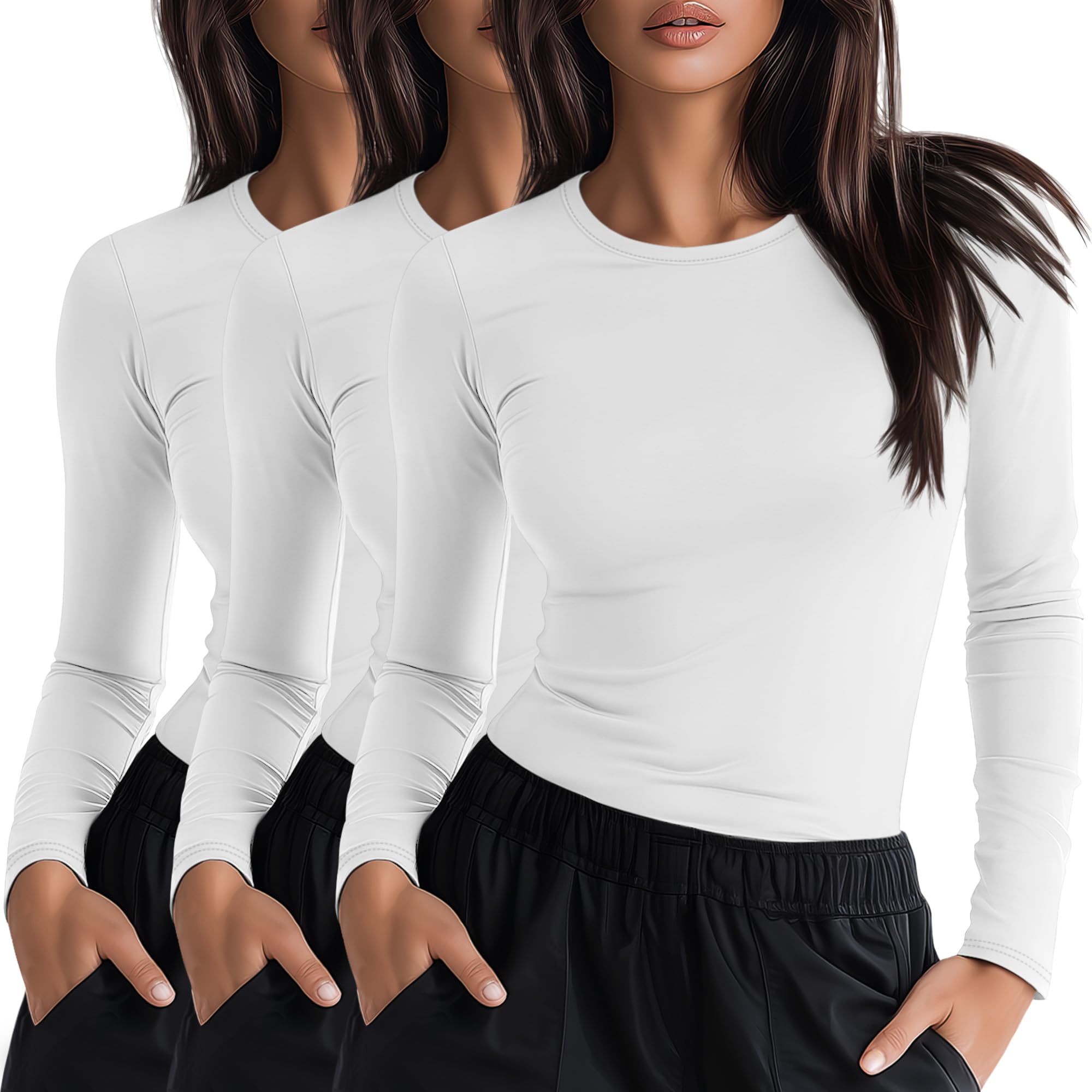 Photo 1 of Neer 3 Pack Womens Underscrub Shirts Long Sleeve Crewneck Tops Fitted Layering Clothes Comfort Knit Tops for Nurse(White,X-Small)