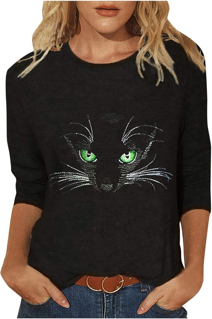 HGWXX7 Womens Tops Fashion Cute Cat Print TShirts Plus Size Long