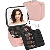 TANTO Makeup Bag With LED Mirror, Travel Makeup Case with Light up Mirror Large Cosmetic Case with 3 Color Lighted Portable Professional Organizer Bag with Adjustable Dividers(Pink)