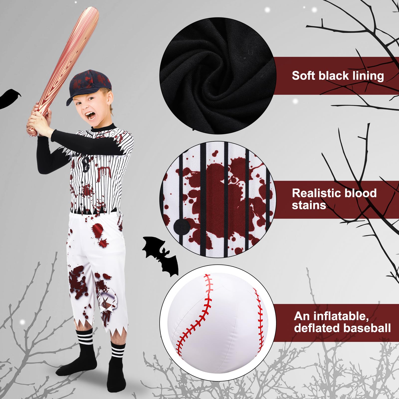 Bonuci 7 Pcs Child Boy Baseball Zombie Costume Scary Baseball Player