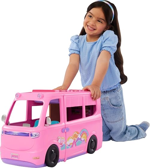 Barbie Dream Camper Playset with Roof Tent, Swing Chair, Fishing Pond, BBQ Grill with Color-Change Feature & 60+ Accessories Including Dough, HRJ78