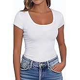 PALINDA Women's Short Sleeve Scoop Neck Fitted Shirts Basic Casual Stretchy T Shirt Workout Tops