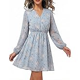 DERAX Women's Boho Floral Mini Dresses Fall V Neck Chiffon Long Peasant Sleeves 2026 Spring Short Dress