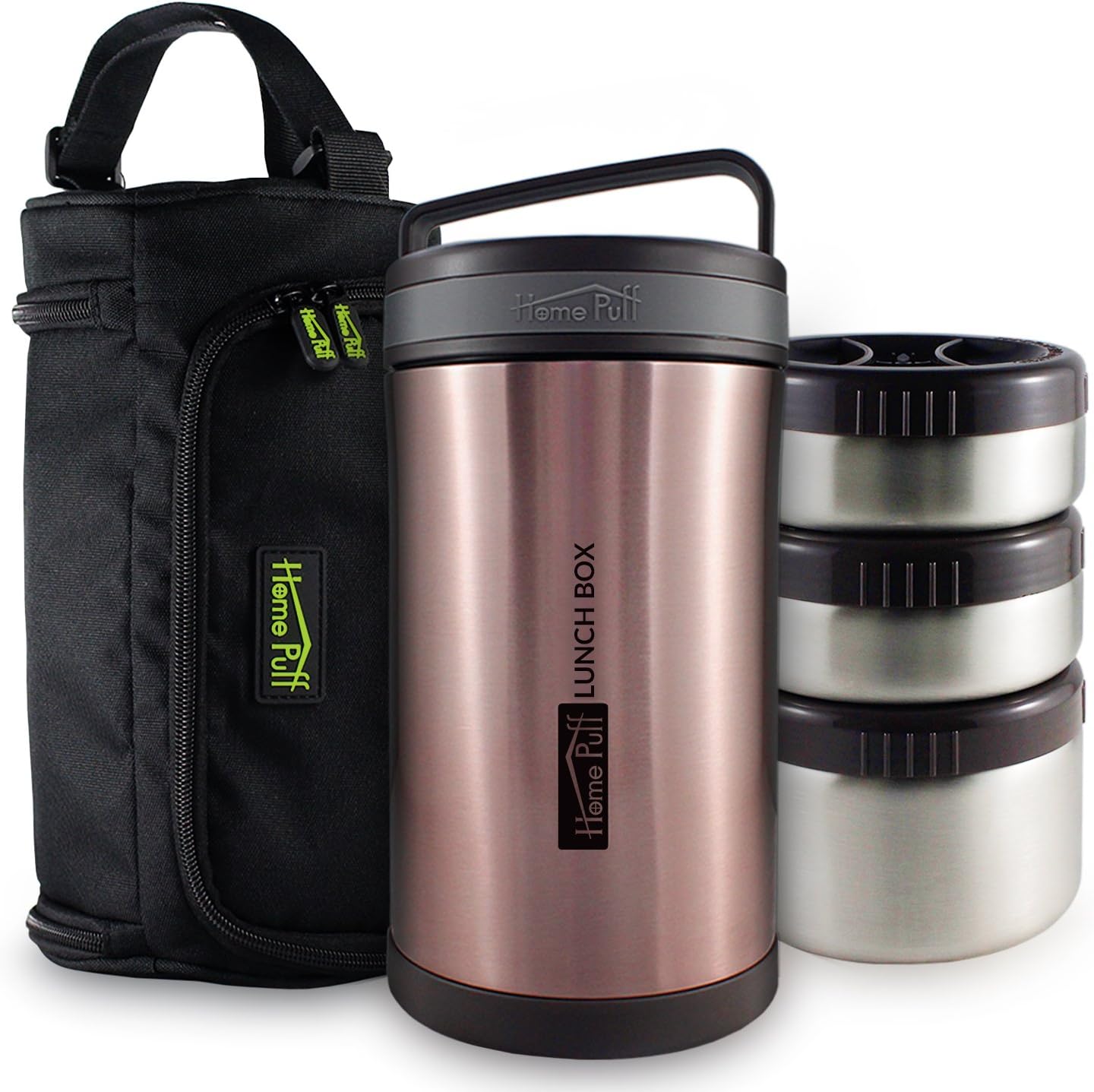 Home Puff Lunch Box Double Wall Vacuum Insulated Stainless Steel 3 Leak Proof Containers Bag