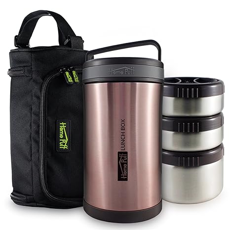 Home Puff Double Wall Vacuum Insulated Stainless Steel Lunch Box, 3-Containers, 1.7 Litre, Rose Gold