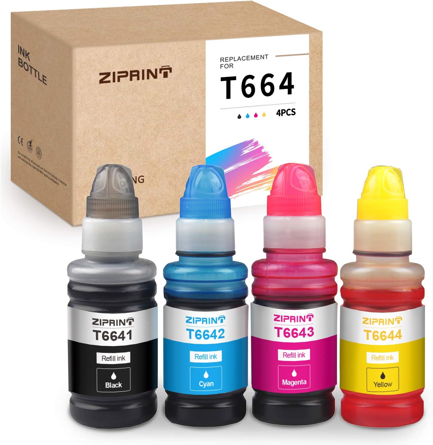 ZIPRINT Compatible Ink Bottle Replacement for Epson 664 T664 use for Expression ET-4550 ET-2650 ET-2550 ET-4500 ET-2500 ET-2600 ET-16500 L100 L110 L120 Printer (Black, Cyan, Magenta, Yellow, 4-Pack)